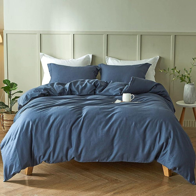 Simple&Opulence French Linen Duvet Cover Set- King Size(104"x 92")- 3 Pieces (1 Comforter Cover,2 Pillowcases)-Natural Flax Cotton Blend-Solid Color Breathable Farmhouse Bedding-Navy Blue