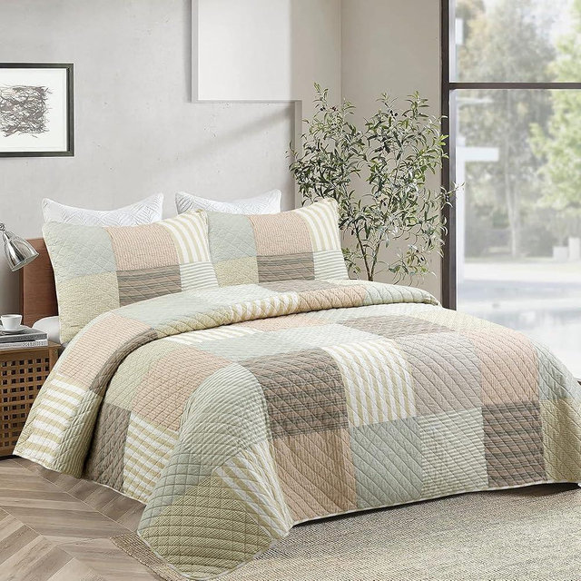 Cozy Line Home Fashions 100% Cotton Reversible Quilt Bedding Set, Classic Taupe Tan Striped Patchwork All-Season Coverlet Bedspread (Winter Plains, King-3 Piece)