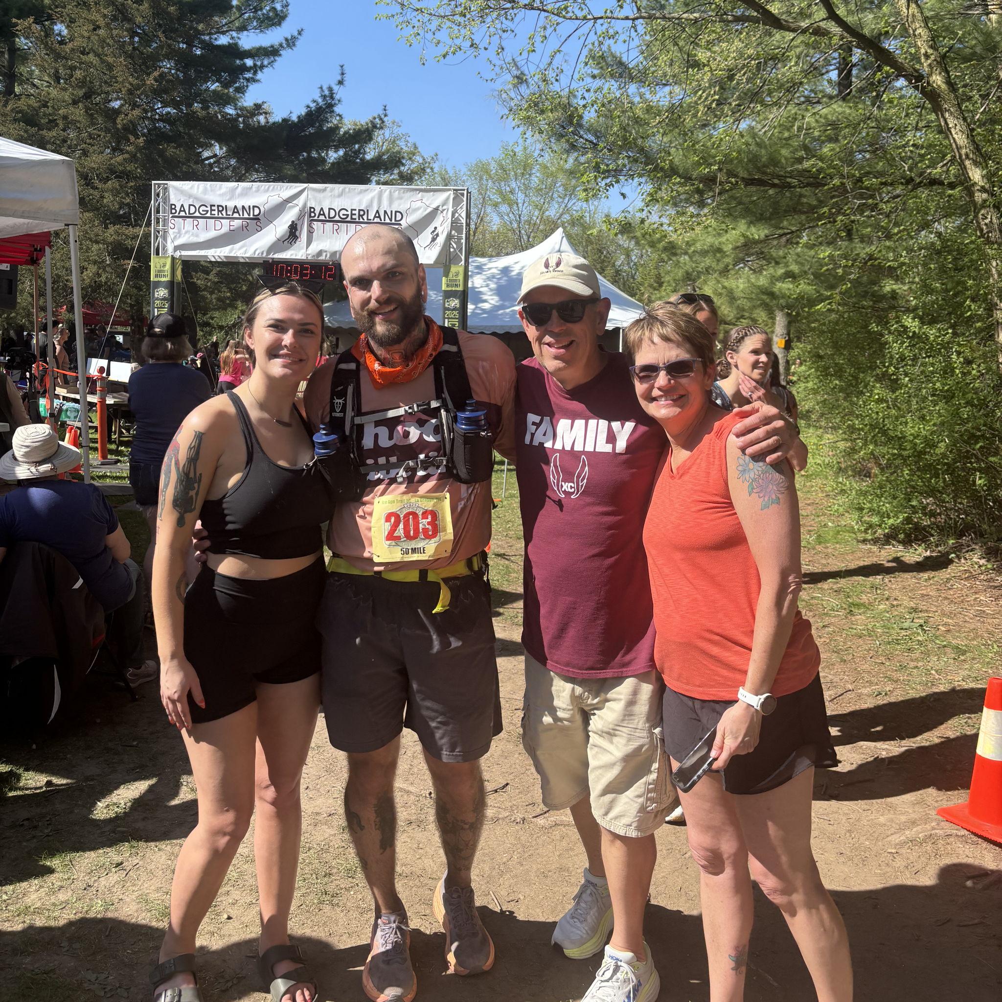 Sierra, Sawyer & Sawyer's parents Steve & Kristi after Sawyer's 50 mile race