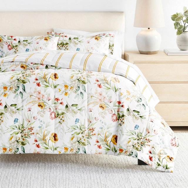 7PC Bedding Bundle, Patterned Comforter and Solid Sheet Set - Becky Cameron, Chintz Floral Stripe Clay, King