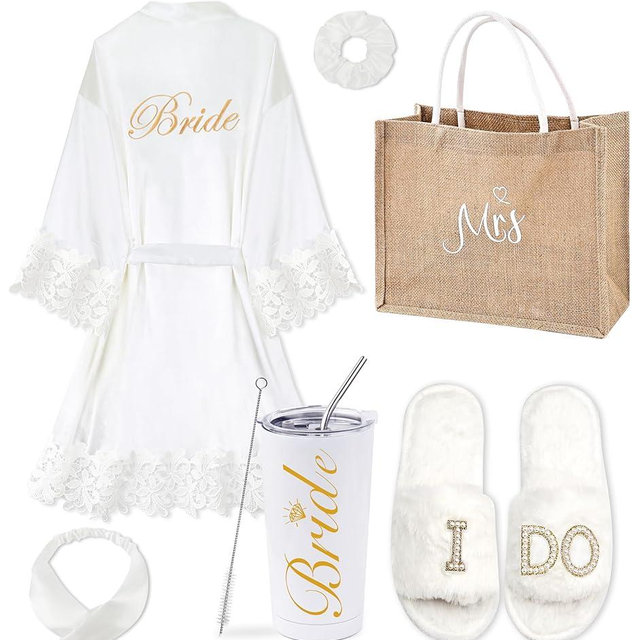 EPLAZA 6 Pcs Bride Robe for Wedding Day Set Bridal Robe with Slippers Tumbler Tote Lace Trim Wedding Robes for Bachelor Party
