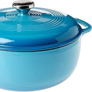 Lodge 6 Quart Enameled Cast Iron Dutch Oven with Lid – Dual Handles – Oven Safe up to 500° F or on Stovetop - Use to Marinate, Cook, Bake, Refrigerate and Serve – Cornflower Blue