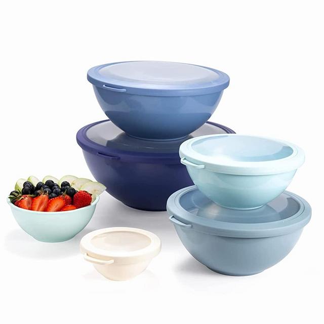 COOK WITH COLOR Mixing Bowls with TPR Lids - 12 Piece Plastic Nesting Bowls Set includes 6 Prep Bowls and 6 Lids, Microwave Safe Mixing Bowl Set (Blue)