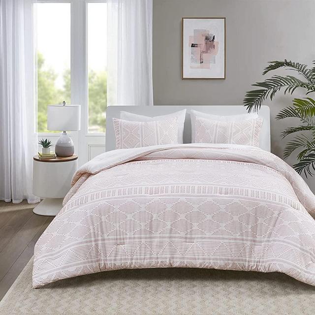 Comfort Spaces 100% Cotton Comforter Set Clipped Jacquard Geometric Mid Century Design Hypoallergenic Down Alternative, All Season Modern Bedding, Matching Shams, Full/Queen, Albany, Blush 3 Piece