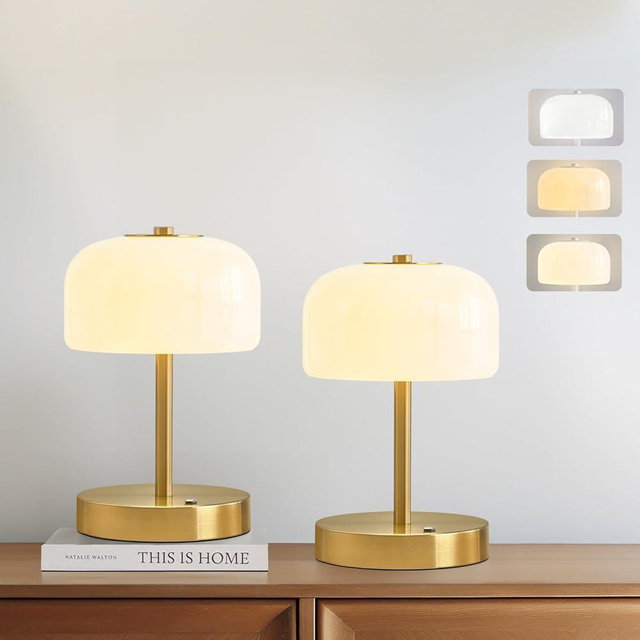 PORTRES Cordless Table Lamp Rechargeable Battery Operated Mushroom lamp Opal Glass Shade 3 Way Dimmable LED Touch Outdoor Lamp for Camping Bedroom Dining Living Room Beside Patio Restaurant,Gold