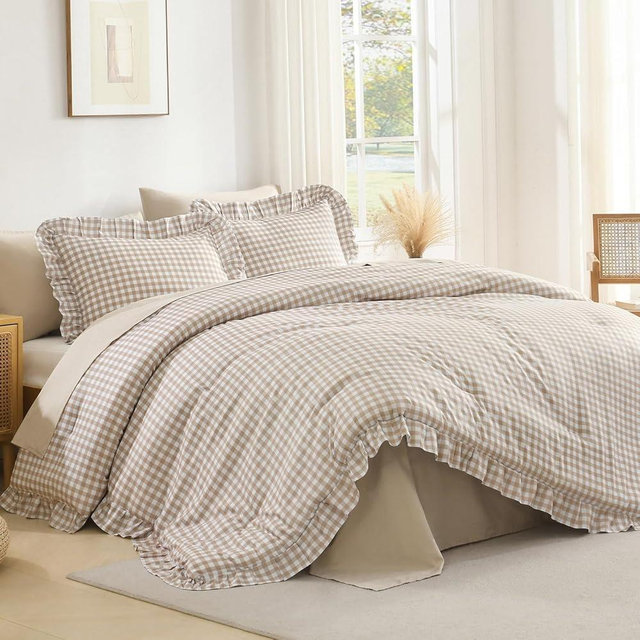 Andency Tan Gingham Ruffle Comforter King(104x90Inch), 3 Pieces(1 Ruffled Comforter and 2 Pillowcases) Solid Farmhouse Shabby Chic Bed, Vintage Rustic Soft Polyester Bedding Set