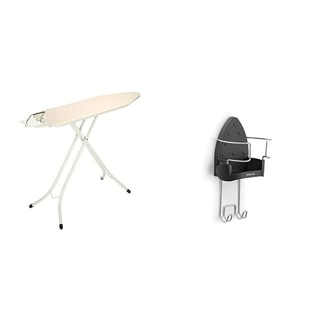 Brabantia Ironing Board with Steam Iron Rest, Size B, Standard - Ecru Cover & Wall-Mounted Rest and Hanging Ironing Board Holder, Gray