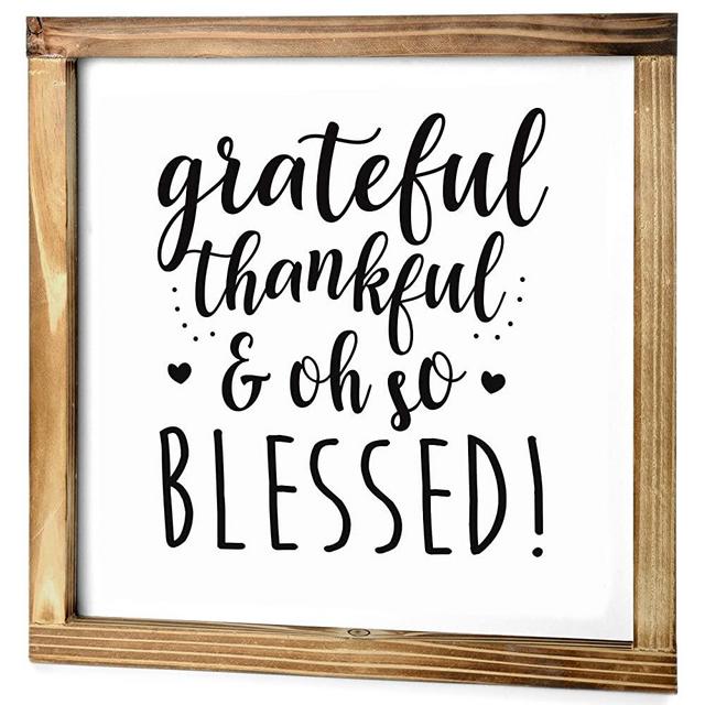 Thankful Grateful Blessed Sign 12x12 Inches, Kitchen Wall Decor Farmhouse Sign, Home Decor Thankful Vintage Sign, Rustic Wall Decor For The Home Sign, Grateful Thankful Blessed Wall Decor with Frame