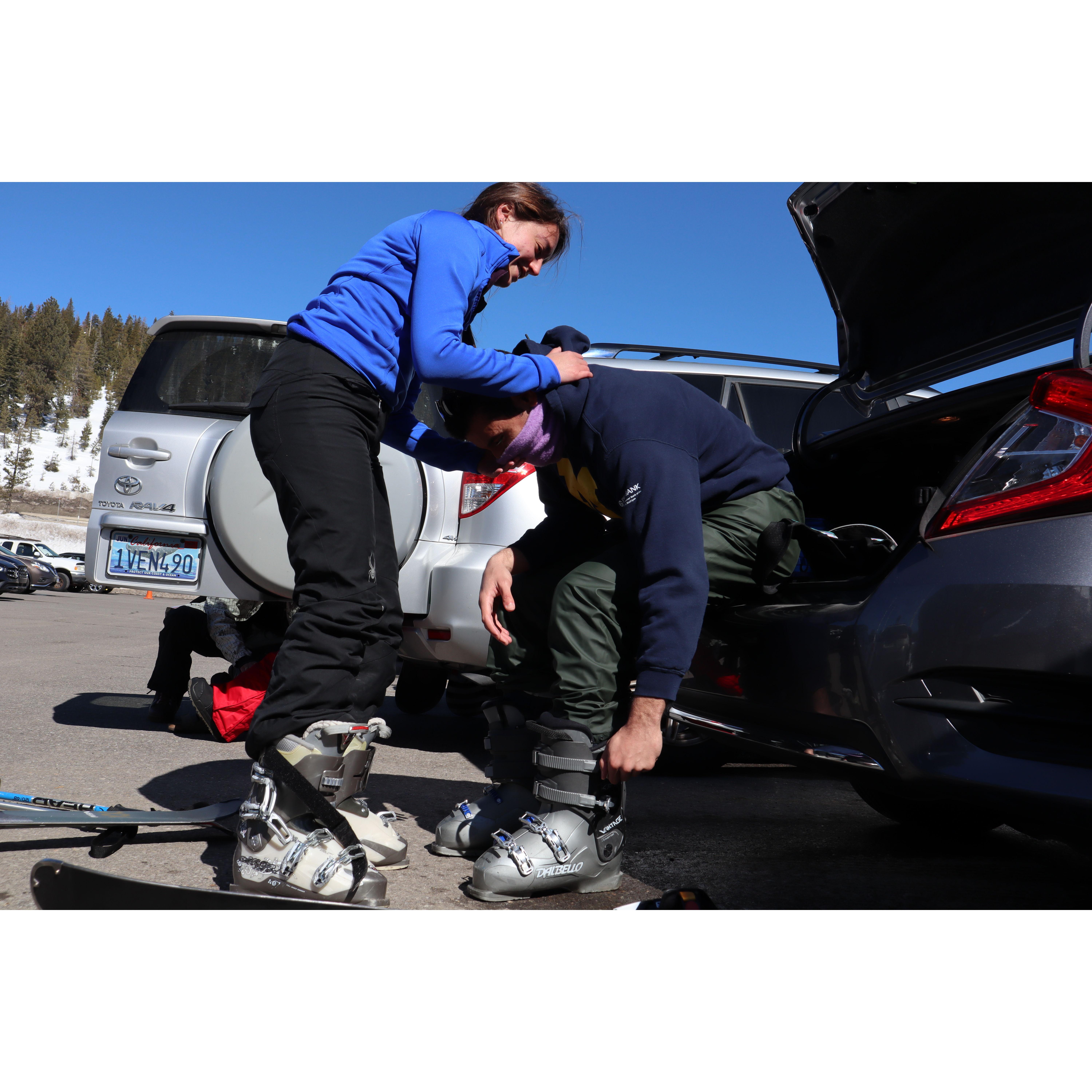 Salwan and Elizabeth communicate their love by supporting each other. Here's a prime example of Elizabeth supporting Salwan as he struggled to put ski boots on for the first time in his life.