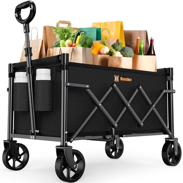 Navatiee Portable Foldable Collapsible Wagon with Wheels, 220lbs Weight Capacity Utility Grocery Shopping Cart, Lightweight Mini Folding Wagon for Outdoor, Black