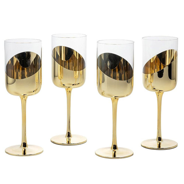 MyGift 14 oz Wine Glasses Modern Brass Tone Plated Round Stemmed Glass Goblets, Cylindrical Drinking Glasses with Angled Dipped Mirror Finish, Stemware Set of 4