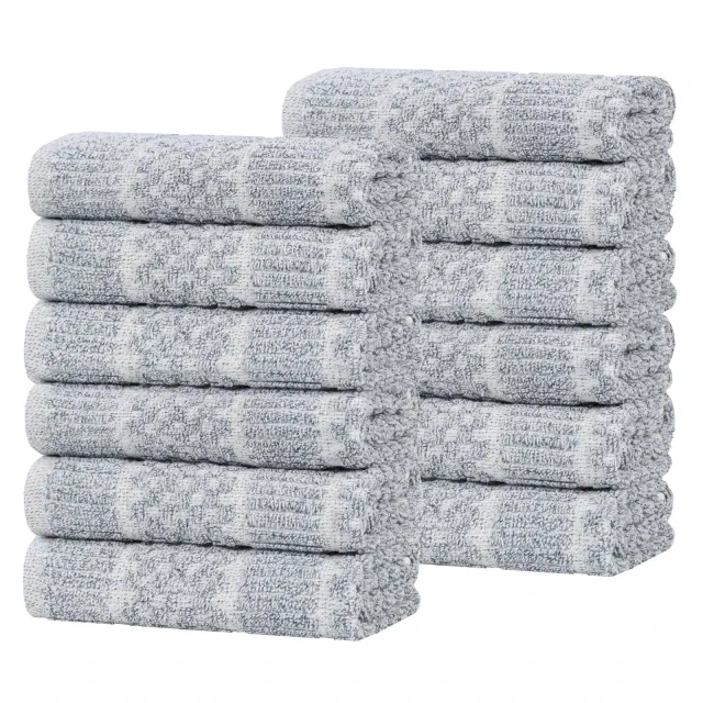 Viscose Cotton Blend Medium Weight Soft Textured Checkered and Ribbed Face Towels Washcloths, Set of 12, Denim Blue - Blue Nile Mills