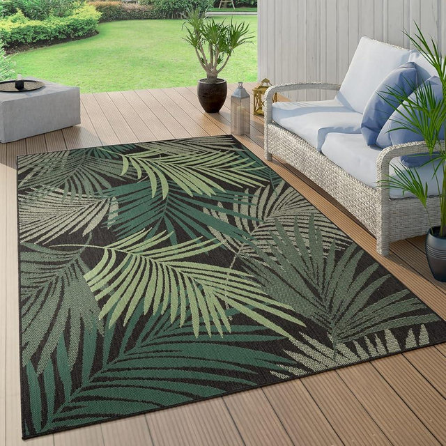 Indoor & Outdoor Rug Flat-Weave Jungle Floral Palm Trees Design Black Green, Size: 3'11" x 5'7"