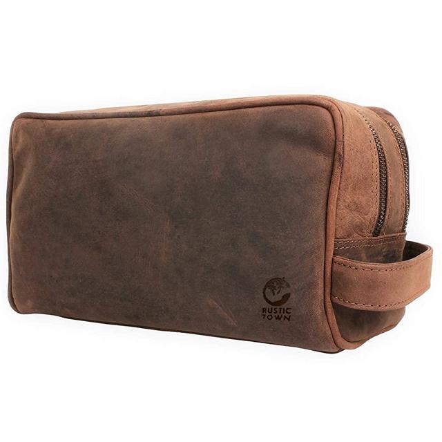 Genuine Leather Travel Toiletry Bag - Dopp Kit Organizer By Rustic Town (Dark Brown)
