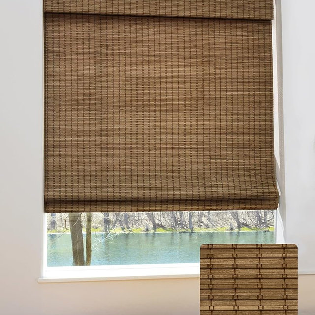 UNISHADES Cordless Bamboo Roman Shades, 30.5×64 in, Highfield Teak | Wide Bamboo Strip Weaving Technique, High light-blocking capacity, High Level of Privacy Protection