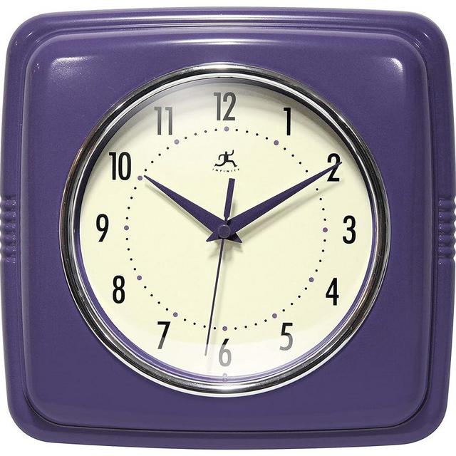 Infinity Instruments Retro Wall Clock - 9 Inch Square Clock - Silent Non-Ticking Mid Century Modern - Kitchen Clock Office Clock Diner Wall Clock - Vintage Wall Clock Decorative - Purple