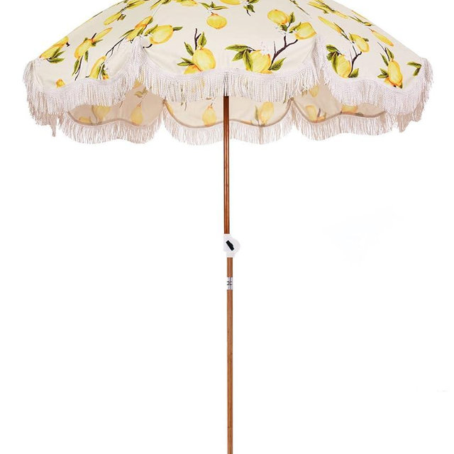 Business & Pleasure Co. Holiday Umbrella - Boho Beach Umbrella with White Fringe, UPF 50+, 1" Tilting Wood Pole, 5’ x 6.5’, Vintage Lemons