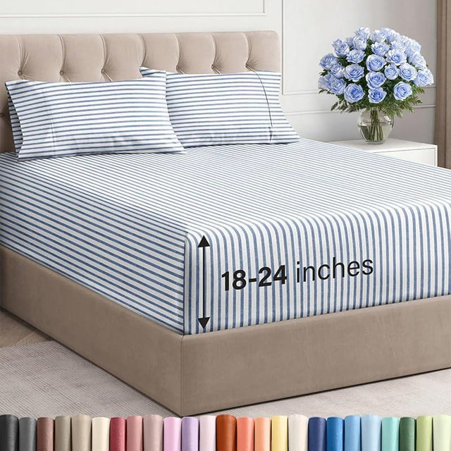 Extra Deep Queen Sheet Set - 4 Piece Breathable & Cooling Bed Sheets - Easily Fits 18 - 24 inch Mattress - Ultra Soft, Wrinkle & Fade Free w/ Extra Deep Pockets - Hotel Luxury Bedding - Blue Stripes 2