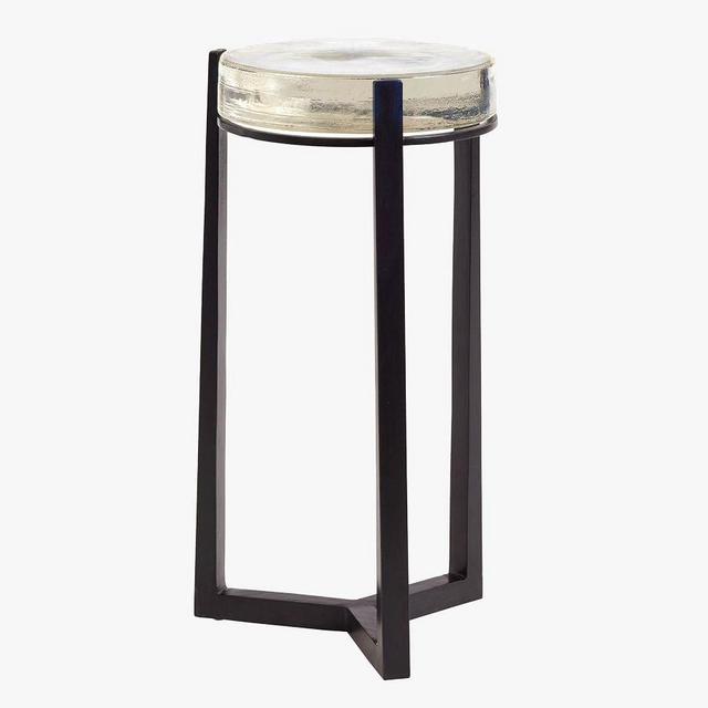 Cori 10" Round Accent Table, Recycled Clear Glass Top/Black Base