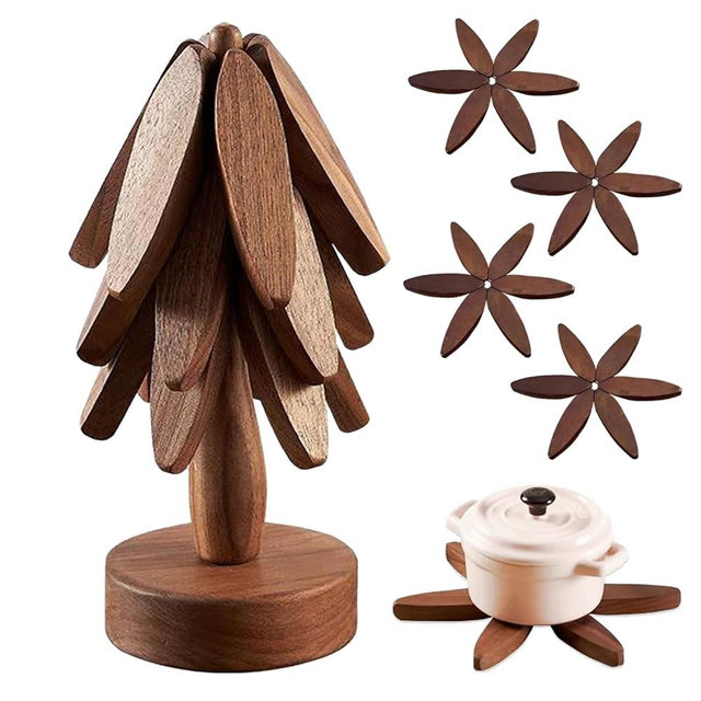 Wooden Tree Coasters, Trivets for Hot Dishes, Trivets for Hot Pots and Pans, Wooden Tree Trivet Set - 3 or 4 Wooden Trivet + 1 Stand (Walnut,4pcs-A)