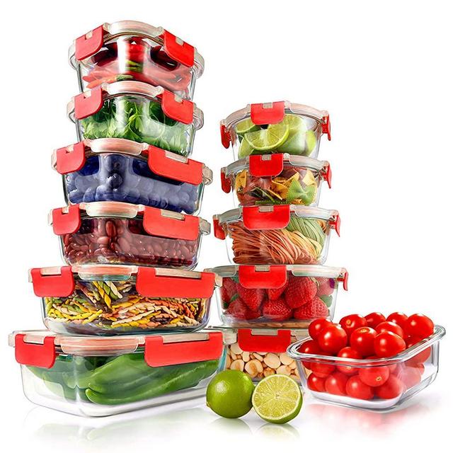 Superior Glass Food Storage Containers - 24-Piece Stackable Glass Meal-prep Containers w/ Newly Innovated Hinged BPA-Free 100% Leakproof Locking Lids - Freezer-to-Oven-Safe - NutriChef NCGLRED (Red)