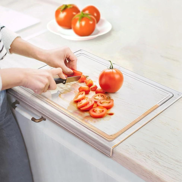 Acrylic Cutting Board,Acrylic Cutting Board with Non-Slip Counter Lip,5mm Thick & Scratch-Resistant-Clear,Acrylic Countertop Cutting Board,Kitchen Chopping Board (Fruit Groove,16 * 12")