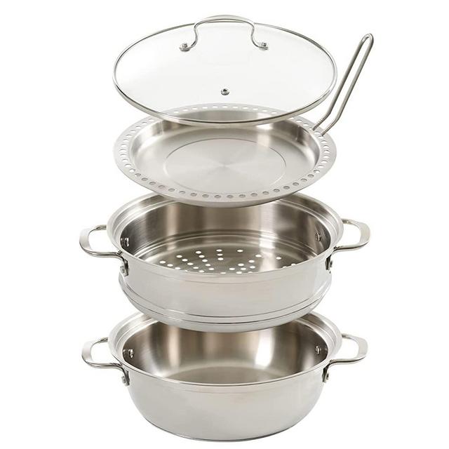 Kenmore Elite Devon Heavy Gauge Stainless Steel Tri-Ply Impact Bonded Induction 6.5 QT Dutch Oven W/ 11" Steamer and Metal Tong Set, 5-Piece