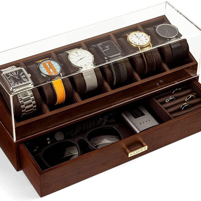 KAMIER Watch Box Case Organizer Display for Men,Two-Tier Wooden Watch Box Organizer For Men with watch holder and Drawer,Walnut