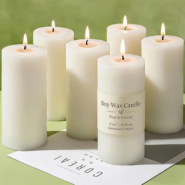 6 Pack White Soy Pillar Candles, 210 Hours Handmade Unscented Pillar Candles Natural Soybean Candle for Home, Wedding, Smokeless & Dripless, Party, Spas, Dinner-2x4in