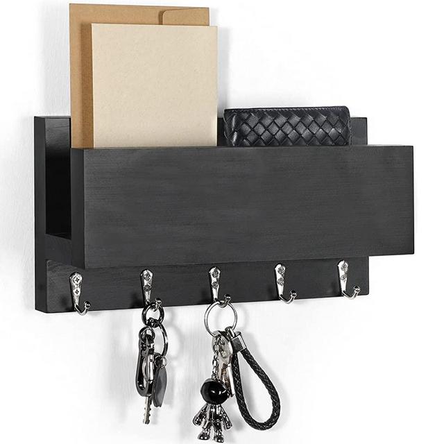 Wooden Key and Mail Holder for Wall Decorative, Rustic Wall Mounted Entryway Organizer with 5 Hooks - Perfect Home Hanging Decor for Office, 100% Pine Wood, 11.8" x 5.9" (Black)