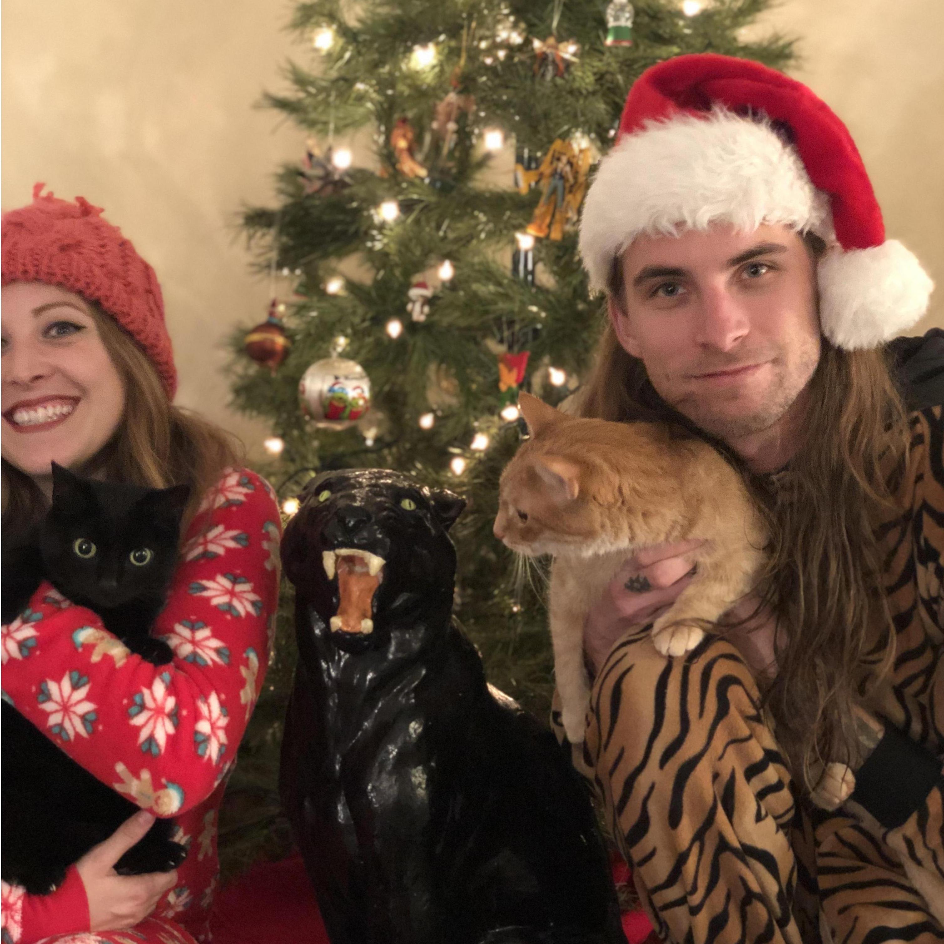 Christmas family picture with our cats Frank and Olivia 2018