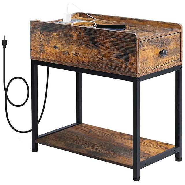 AMHANCIBLE Narrow Nightstand with Charging Station, End Table Living Room with Storage Drawer, Side Table with 2 USB Ports and 2 Power Outlets, Bedside Table for Couch, Sofa, Bedroom, Rustic Brown