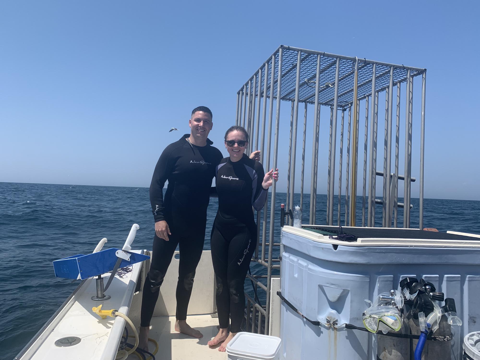 Shark diving off the coast of Montauk for our 1st anniversary where we were in the water with three 14-foot blue sharks.