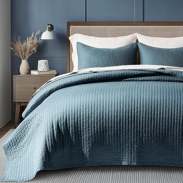 EVERGRACEHOME Cotton Sateen Quilt Set Queen Size, Pre-Washed Cotton Channel Stitch Coverlet Bedspread, 3 Pieces Lightweight Soft Bedding Sets for All Season, with 2 Pillow Shams, Sonoma Blue