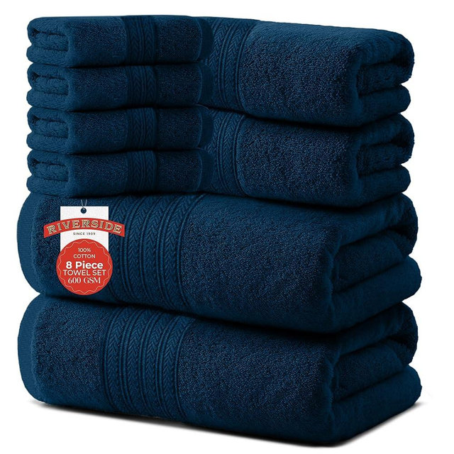 RIVERSIDE Pack of 8 Towels Set, 2 Large Bath, 2 Hand, 4 Face Washcloths, 100% Cotton Hotel Quality, Super Soft, Quick Dry, Highly Absorbent Perfect for Bathroom, Blue Opal