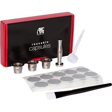 Reusable Nespresso Capsules - Pack of 3 - Stainless Steel Refillable Pods Compatible with Nespresso Machines Premium Espresso Tamper and 150 Foil Lids (Original-Line Models)