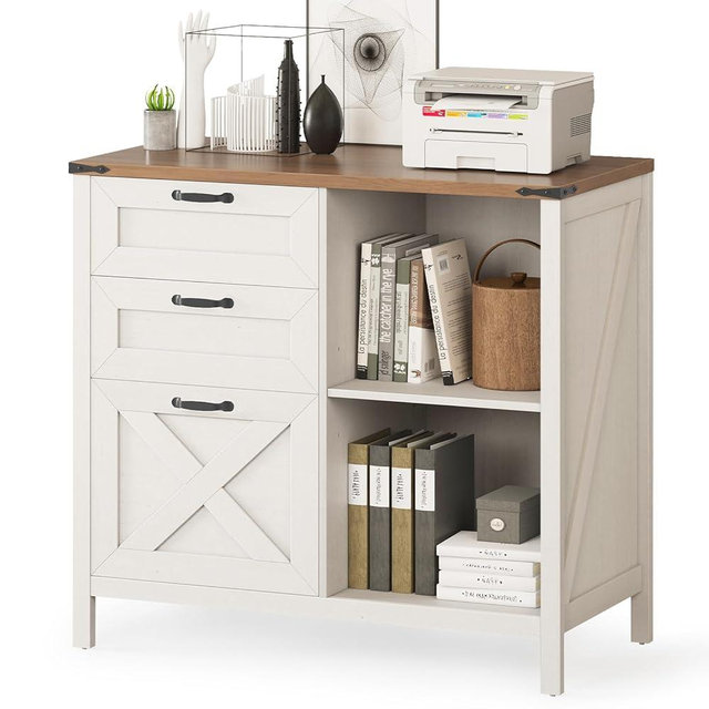 Halitaa 3 Drawer File Cabinet, Farmhouse Lateral Filing Cabinet Fits Files Letter or A4 Size, Wooden Printer Stand with Open Storage Adjustable Shelf for Home Office, Rustic White