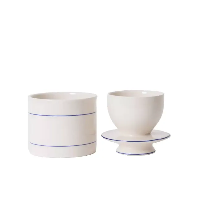 Lehman's Ancient-Style Butter Preserving Serving Ceramic Crock 1/2 Cup Beige Blue Stripe