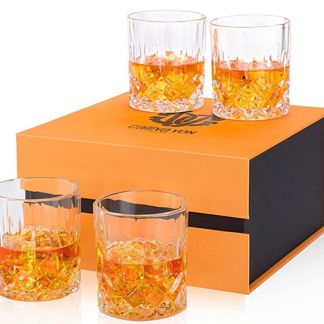 Old Fashioned Whiskey Glass, Calliva Von Premium Crystal Rocks Glasses, Large 10 Oz Lowball Tumbler For Bourbon, Scotch, Cocktail or Irish Whisky, Bar Glasses Set of 4 In Gifts Box for Men Women