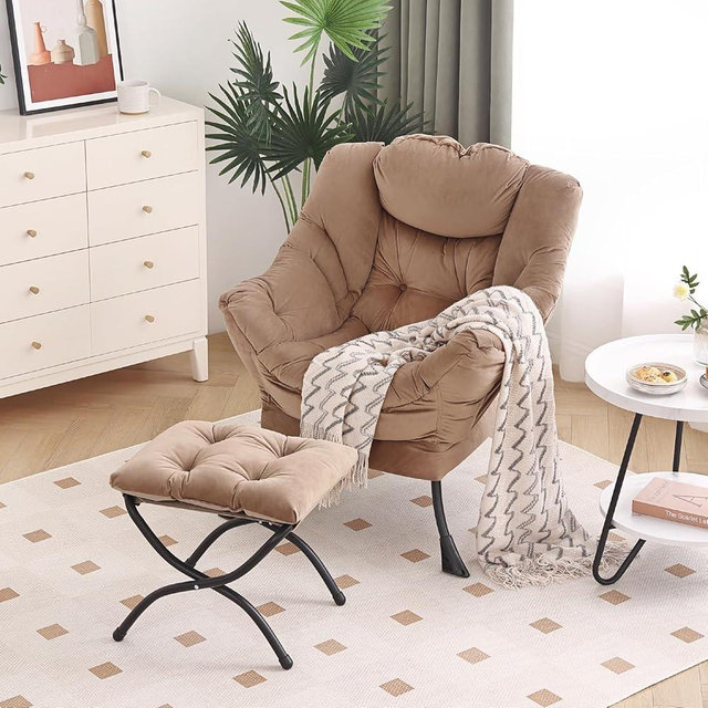 Furlide Lazy Chair with Ottoman, Modern Accent Chair with Armrests and a Side Pocket, Velvet Khaki Accent Chairs, Reading Chairs, Oversized Armchairs for Bedroom, Study, Living Room, Courtyard