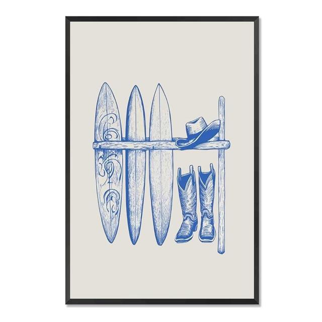 Coastal Cowboy Lifestyle Sketc Poster Surfboard Rack With Blue Pattern Boards Canvas Wall Art Cowboy Hat And Boots Prints Painting For Home Bedroom Dorm Wall Decor 12x18in Framed