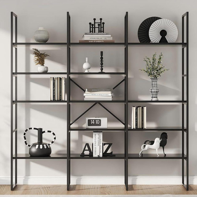 Jehiatek Large Bookshelf 5 Tiers, Triple Wide Geometric Bookcase, 71 Inches Tall Industrial Book Shelves Etagere Book Case, Sturdy Metal Frame, Freestanding Display Shelving Unit, Black