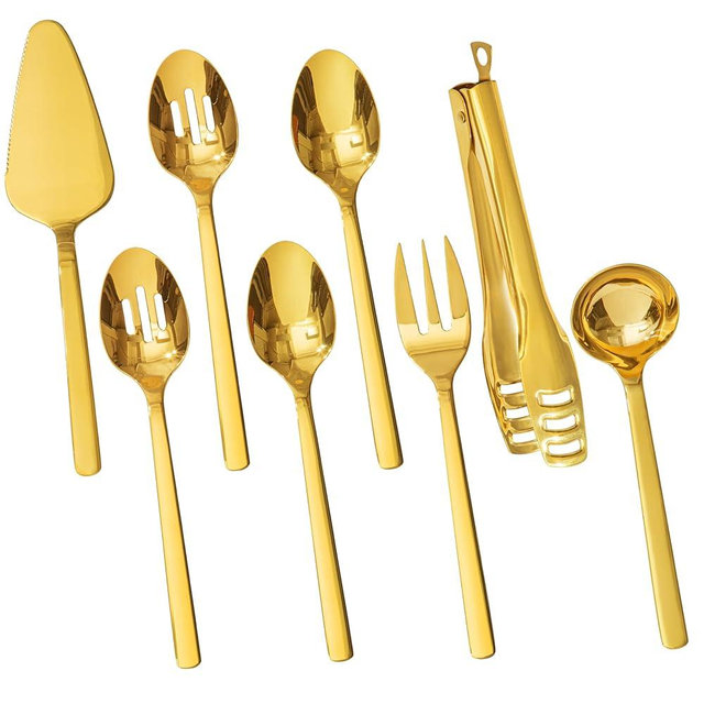 KINGSTONE Large Hostess Serving Utensils Sets,18/10 Stainless Steel Heavy Duty 10inch Serving Spoons,Slotted Spoons,Serving Fork,Serving Tongs, Cake Pie Server For Buffet, Wedding, Party, Gold