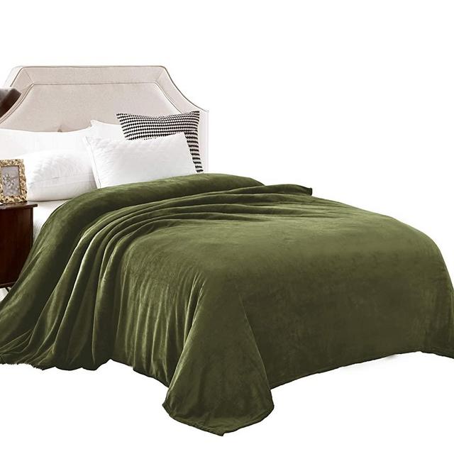 Exclusivo Mezcla Queen Size Flannel Fleece Velvet Plush Bed Blanket as Bedspread/Coverlet/Bed Cover (90" x 90", Olive Green) - Soft, Lightweight, Warm and Cozy