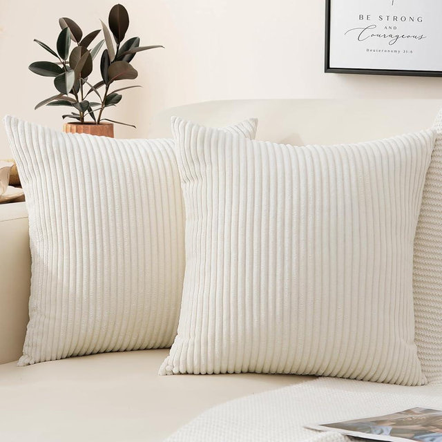 Mecatny Corduroy Throw Pillow Covers 16x16 Set of 2 - Striped Decorative Pillow Covers for Living Room, Bed - Soft Square Couch Pillow Covers for Sofa - Cream White