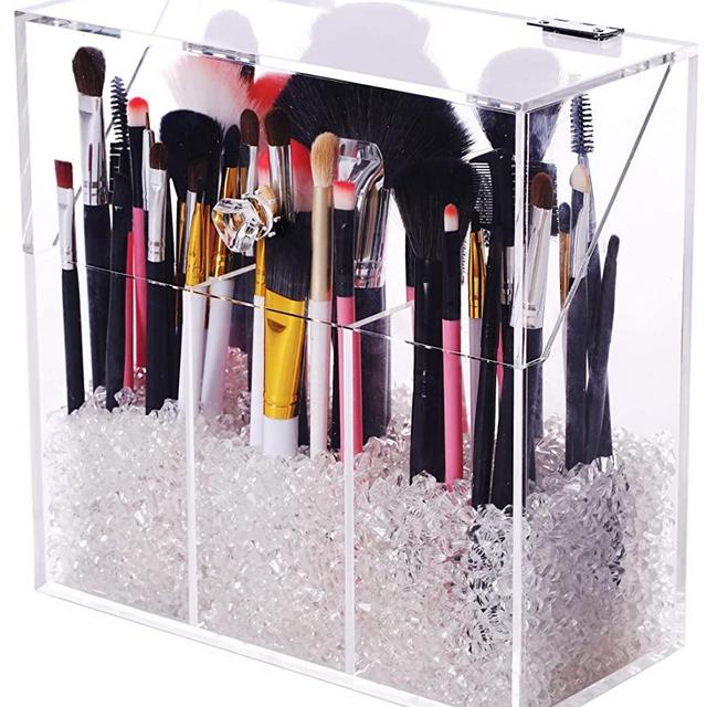 FOOCORDDY Covered Makeup Brush Holder with Dustproof Lid, 750g Pearls Beads, Large Capacity Acrylic Clear Cosmetic Brush Storage Organizer for Vanity