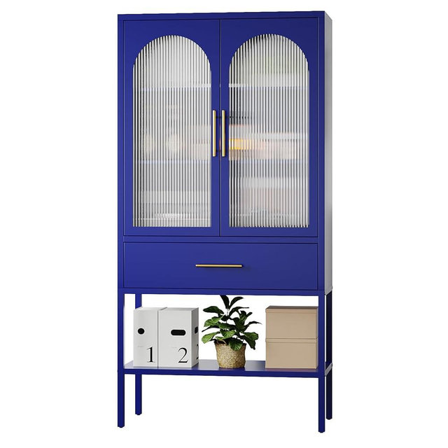 ALBAD 63 Inch Metal Pantry/Display/Storage Cabinet with Fluted Glass Doors and Drawer & Adjustable Shelf for Modern Home Office Living Room Kitchen Blue