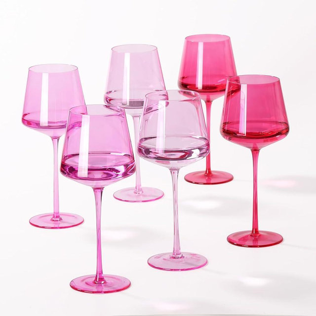 SIPBYSOP Hot Pink Wine Glasses Set of 6– Colorful Stemmed Glasses in Mixed Shades of Pink,Coloful Birthday Party Wine Glass,18OZ,Mothers Day Gifts,Gifts for My Wife