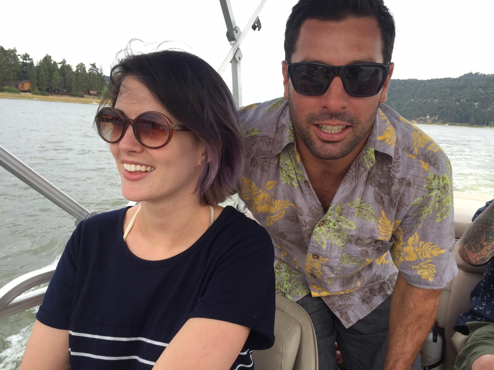 Sarah driving a pontoon on Matts 30th birthday in Big Bear