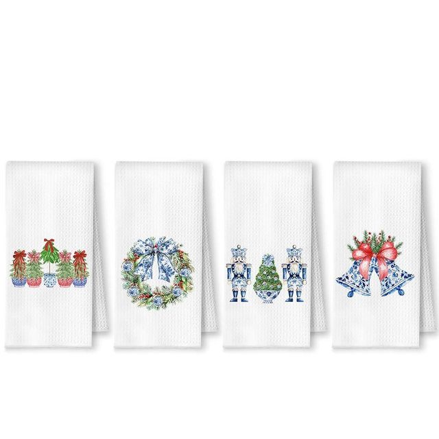YRDBGHZDF Chinoiserie Christmas Kitchen Towels, Grandmillennial Christmas Dish Tea Towels, Blue White Xmas Tree Wreath Nutcracker Bell Decorative Hand Towels for Bathroom Kitchen, 16x24 Inch Set of 4